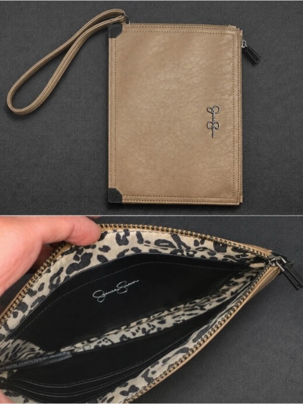 Jessica Simpson Taupe Wristlet Clutch with Black Accents